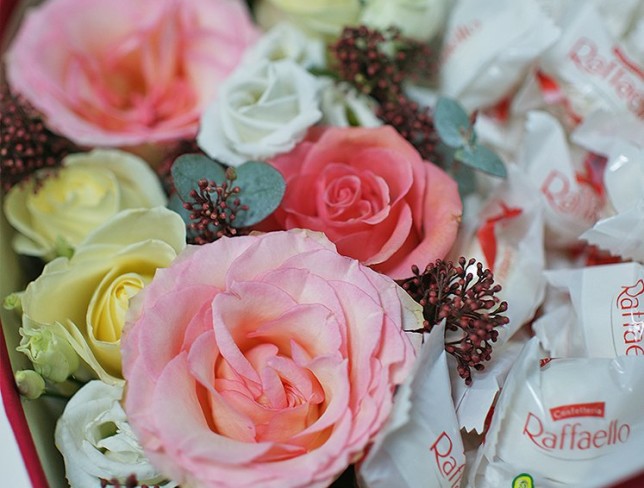 Heart-shaped Box with Roses and Raffaello Chocolates photo
